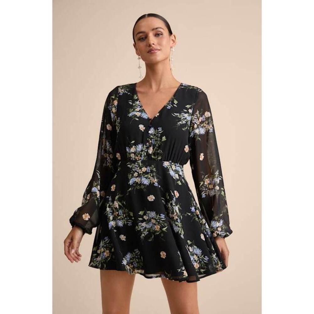 Lulus Always Your Black Floral Print Long Sleeve Skater Dress - Size M